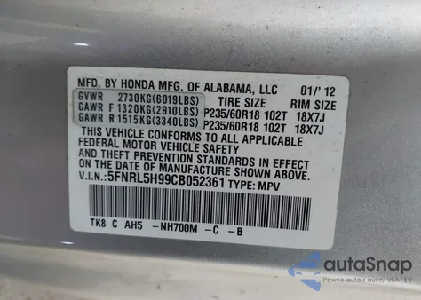 2012 Honda Odyssey Touring/Touring Elite z USA, uszkodzony, nr VIN 5FNRL5H99CB052361